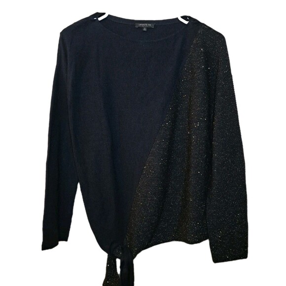 Lafayette 148 New York Sweaters - Lafayette 148 Half Metallic Sweater Silk Blend Front Knot Size S Black Gold